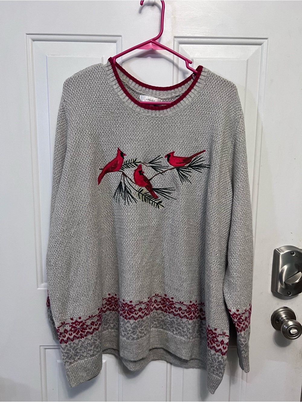 CJ Banks Women’s 3X Christmas Cardinal Sweater Gray Red Sequin Birds Fair Isle